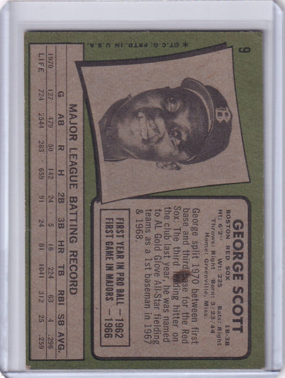 Vintage Topps Baseball card of George Scott from the Boston Red Sox in black and white