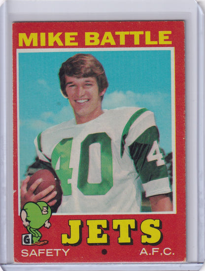 Vintage Topps Football card of Mike Battle from the New York Jets smiling player