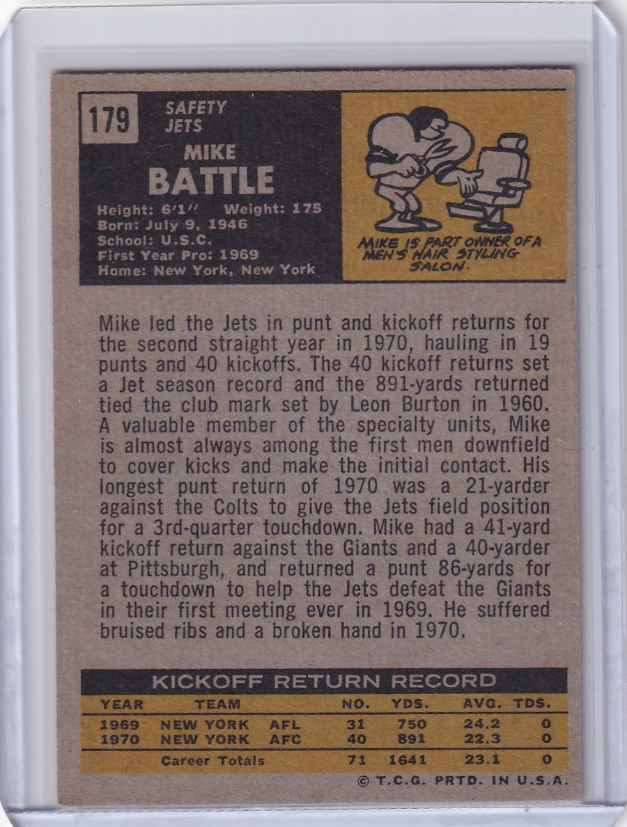 Vintage Topps Football card of Mike Battle from the New York Jets RC 1971