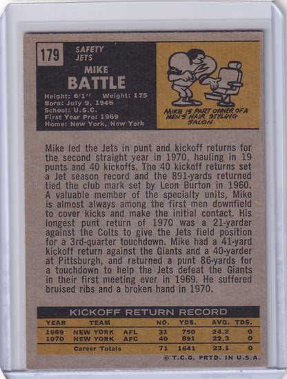 Vintage Topps Football card of Mike Battle from the New York Jets RC 1971