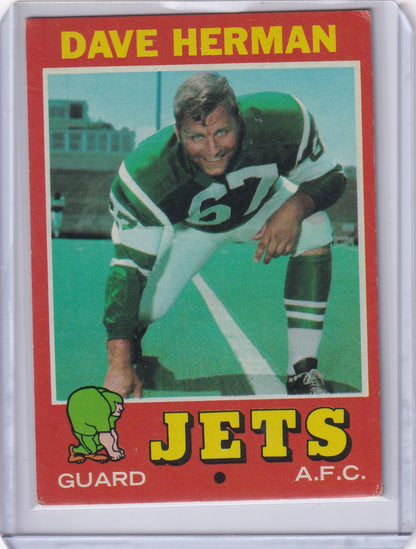 Football trading card of Dave Herman in a crouched stance, Topps Football, New York Jets