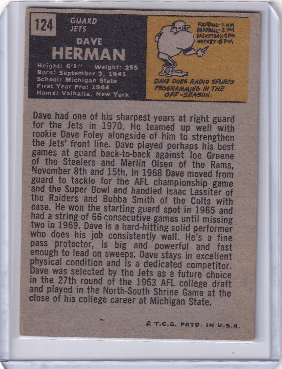 Vintage Topps Football trading card of Dave Herman from the New York Jets