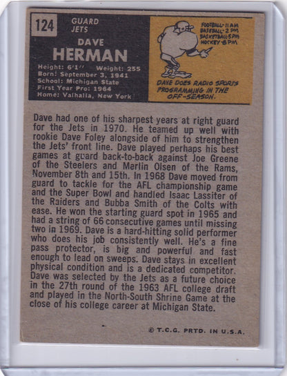 Vintage Topps Football trading card of Dave Herman from the New York Jets