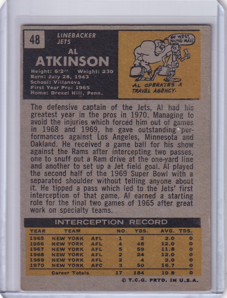 Vintage Topps Football trading card of Al Atkinson, New York Jets linebacker