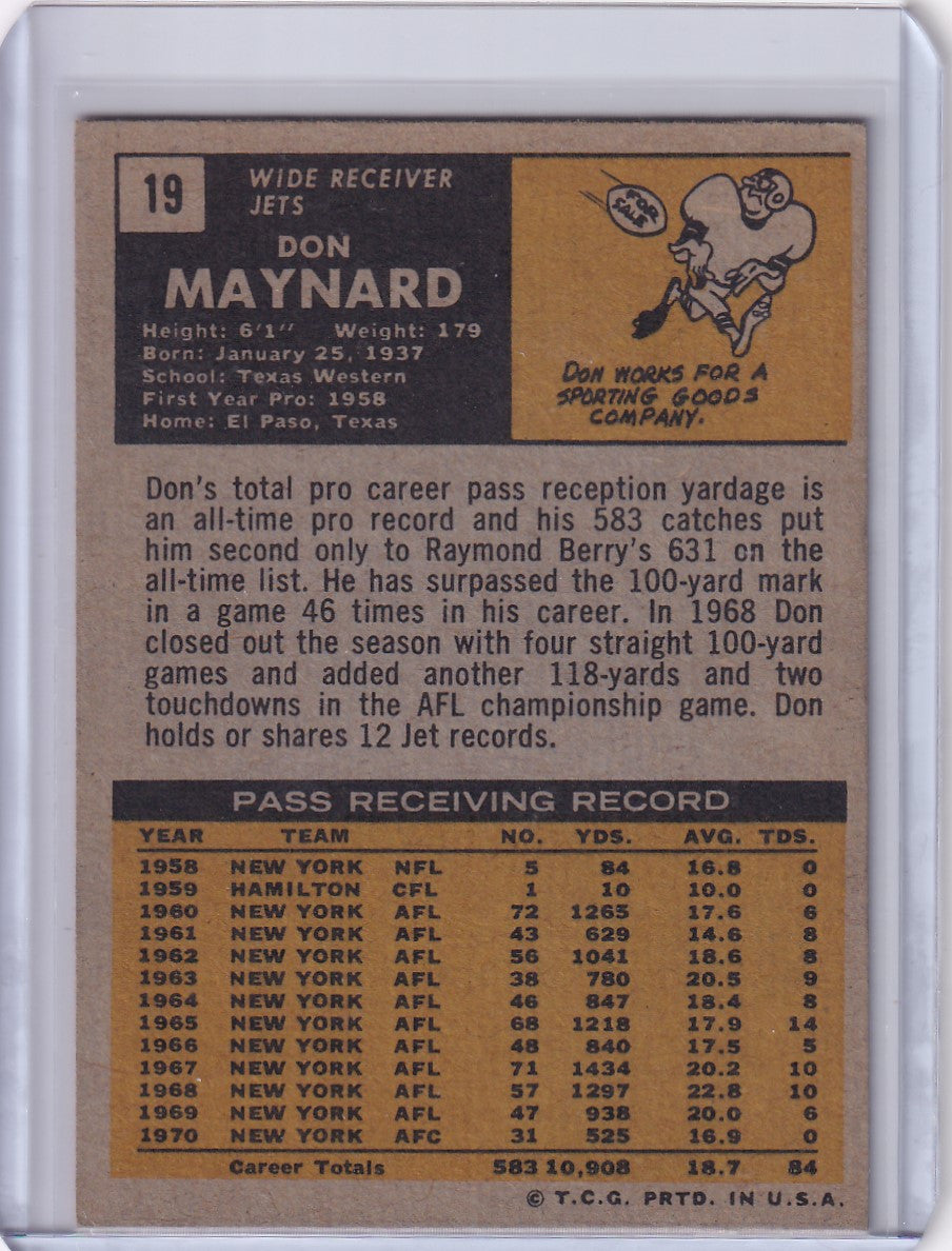 Vintage Topps Football card of Don Maynard, New York Jets player statistics included