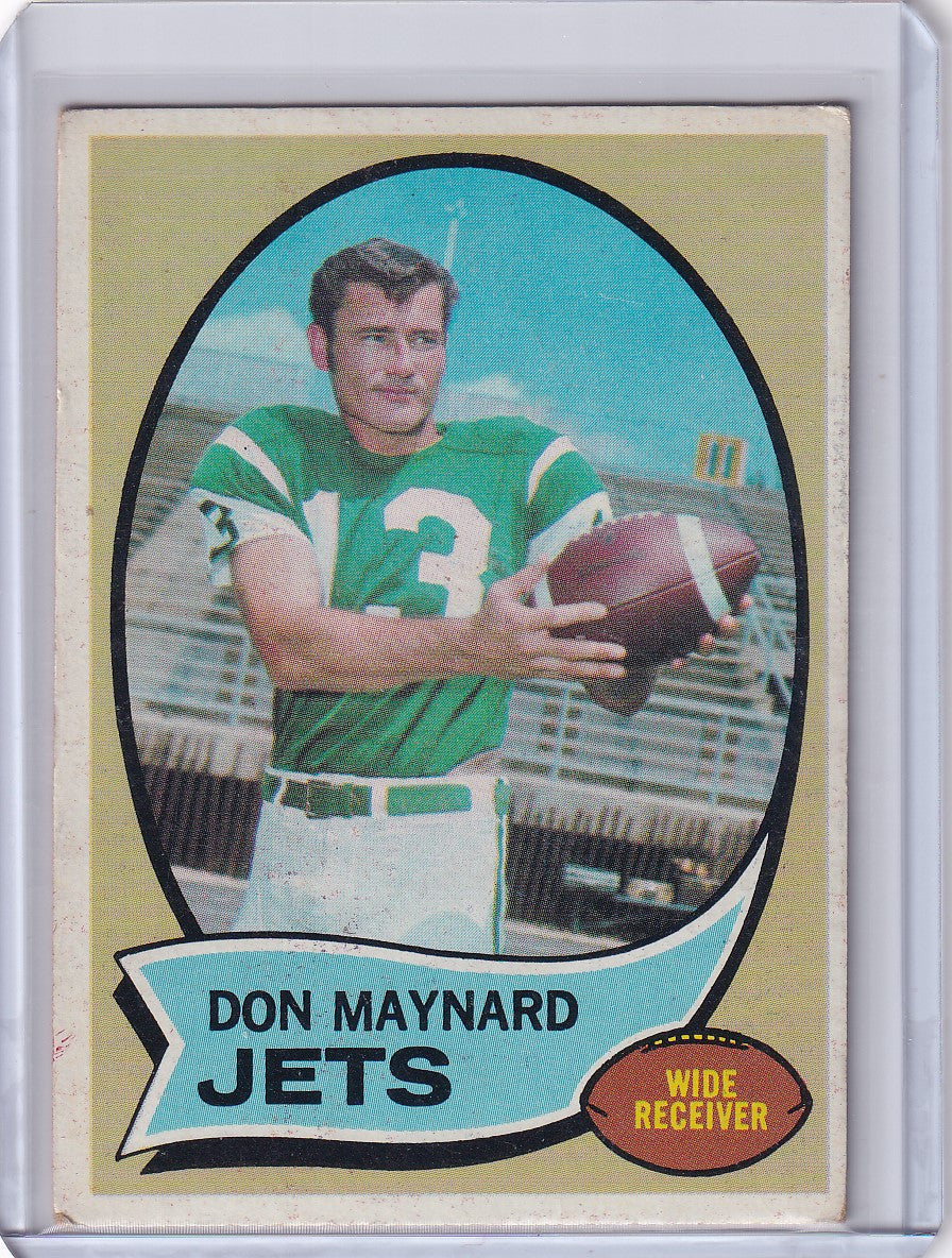 Vintage Topps Football card of Don Maynard, New York Jets wide receiver in green jersey