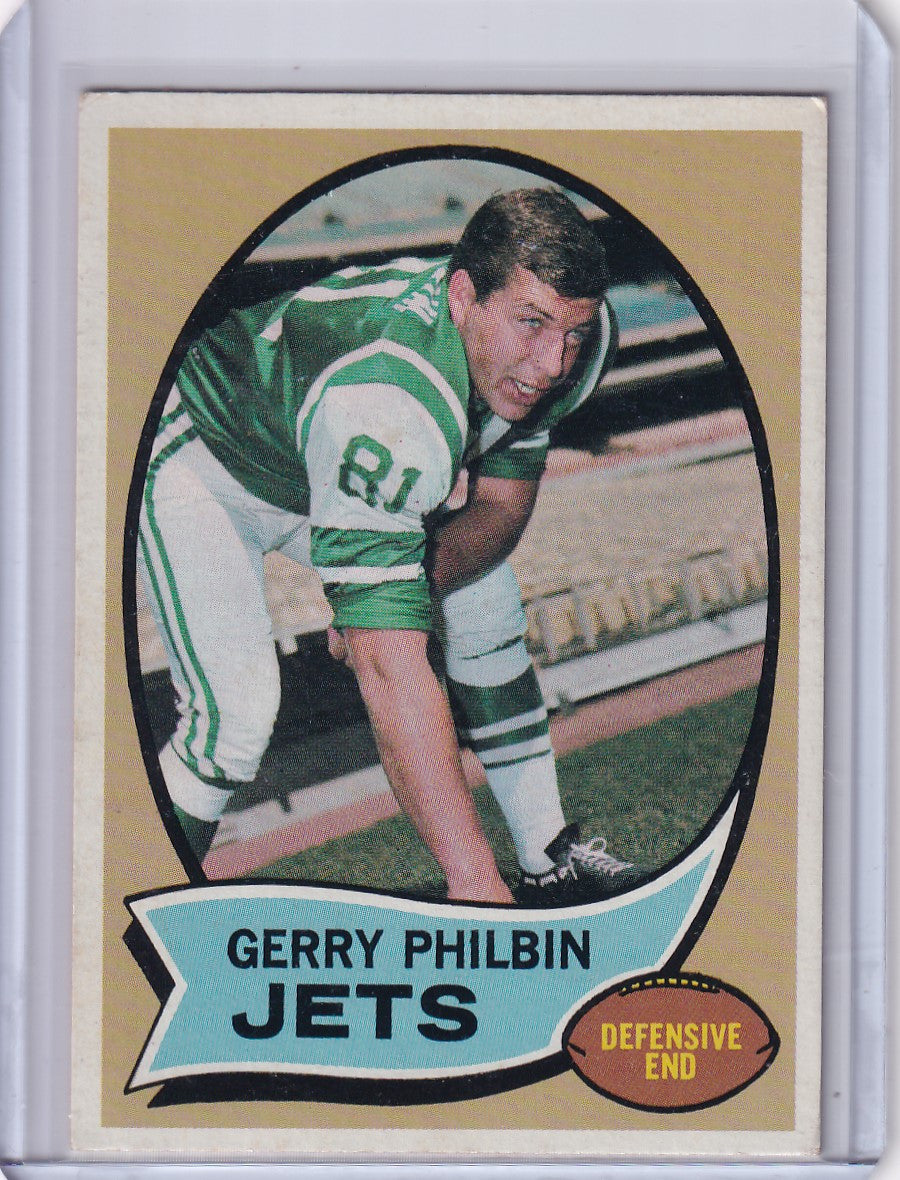 Vintage Topps Football card of Gerry Philbin in New York Jets green uniform