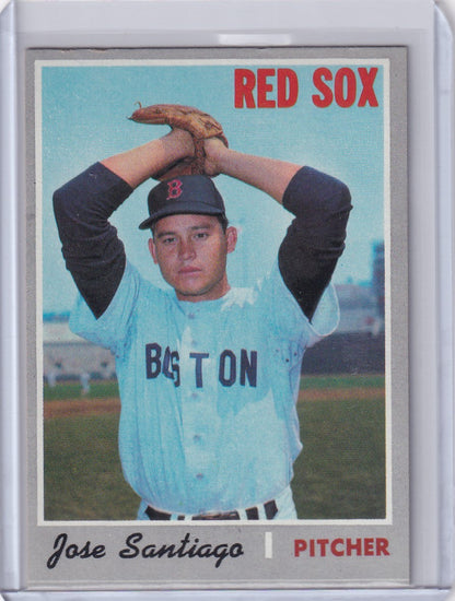 Baseball card of Jose Santiago in light blue uniform, Boston Red Sox, Topps Baseball