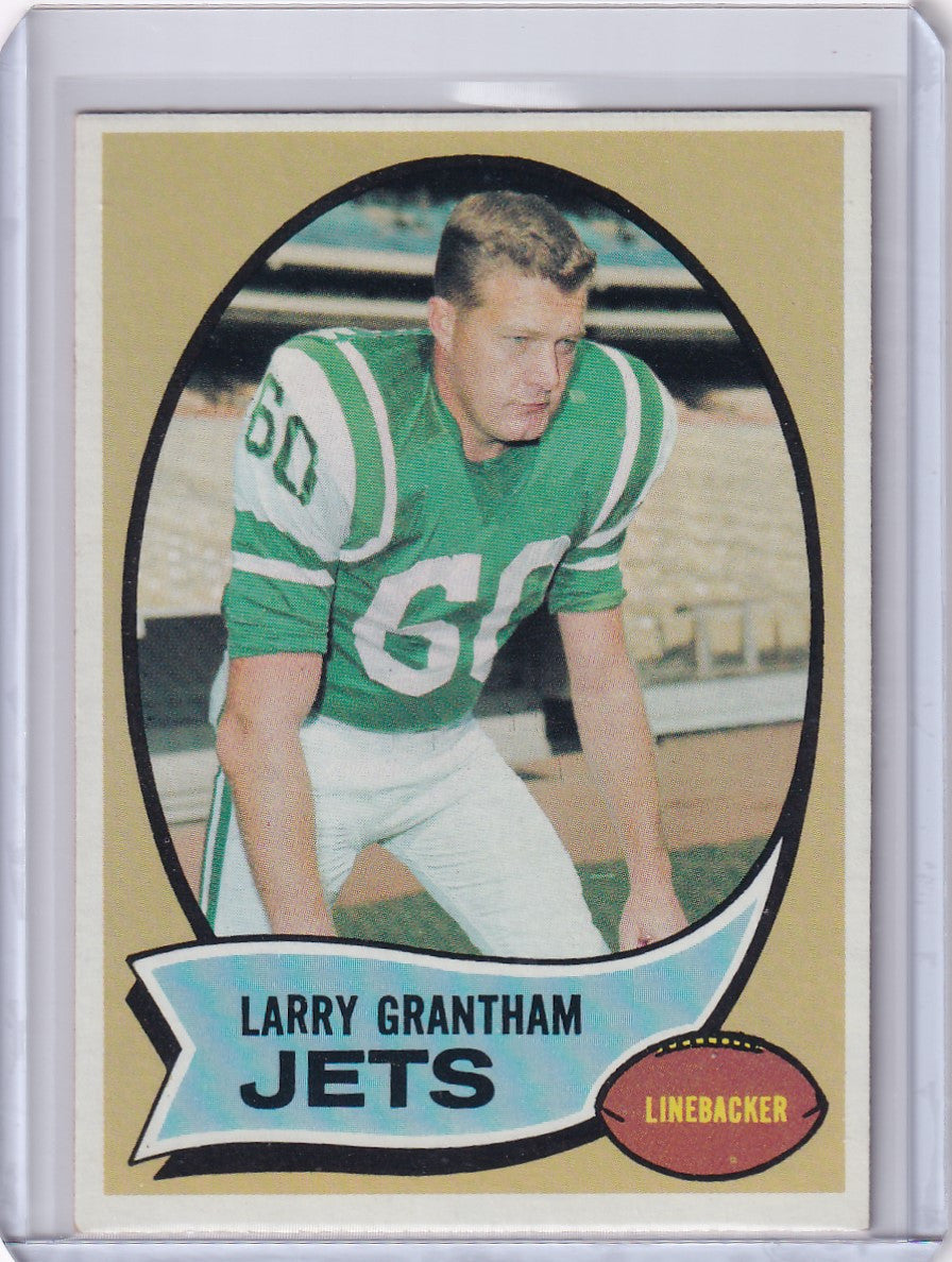 Vintage Topps Football card of Larry Grantham in New York Jets uniform