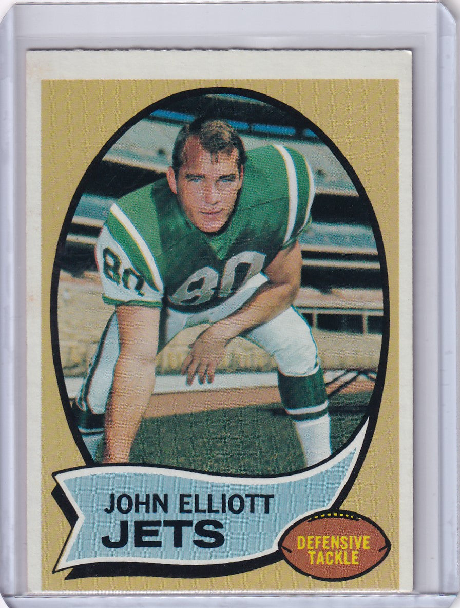 Vintage Topps Football card of John Elliott in New York Jets green uniform