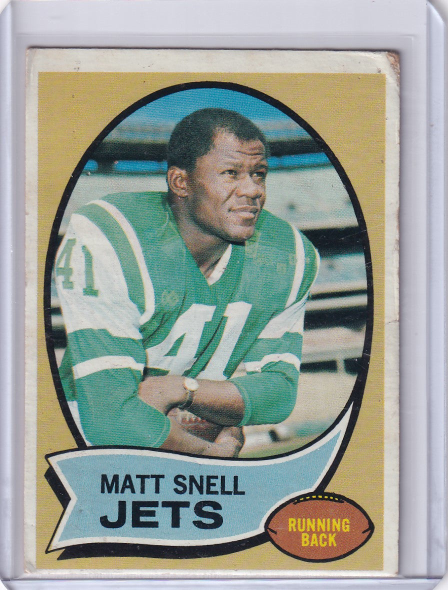 Vintage Topps Football card of Matt Snell in a New York Jets green jersey