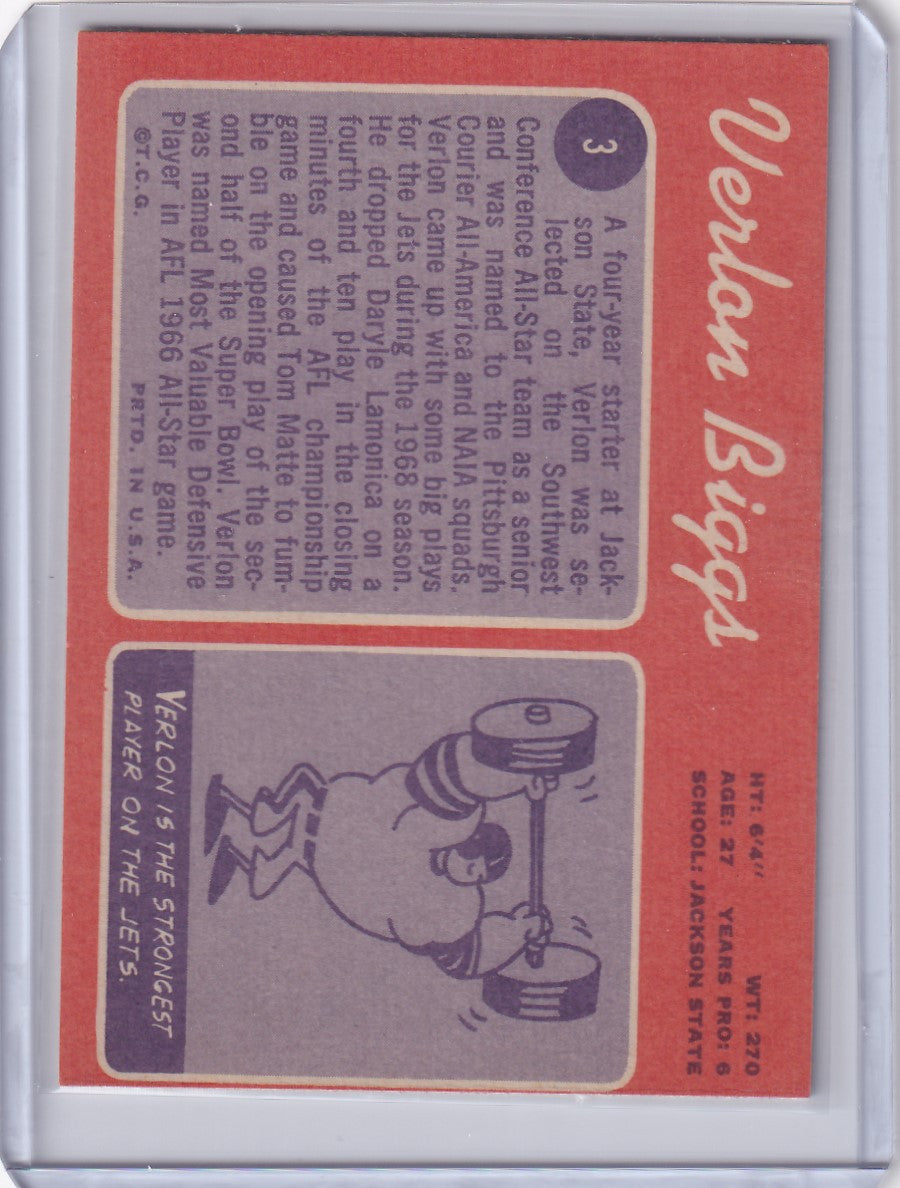 Trading card of Verlon Biggs with a weightlifter on a red background for Topps Football