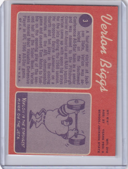 Trading card of Verlon Biggs with a weightlifter on a red background for Topps Football