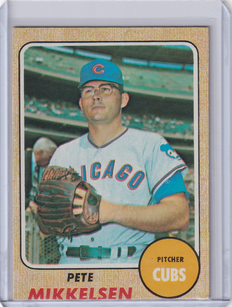 1968 Topps Baseball card of Pete Mikkelsen in Chicago Cubs light blue uniform