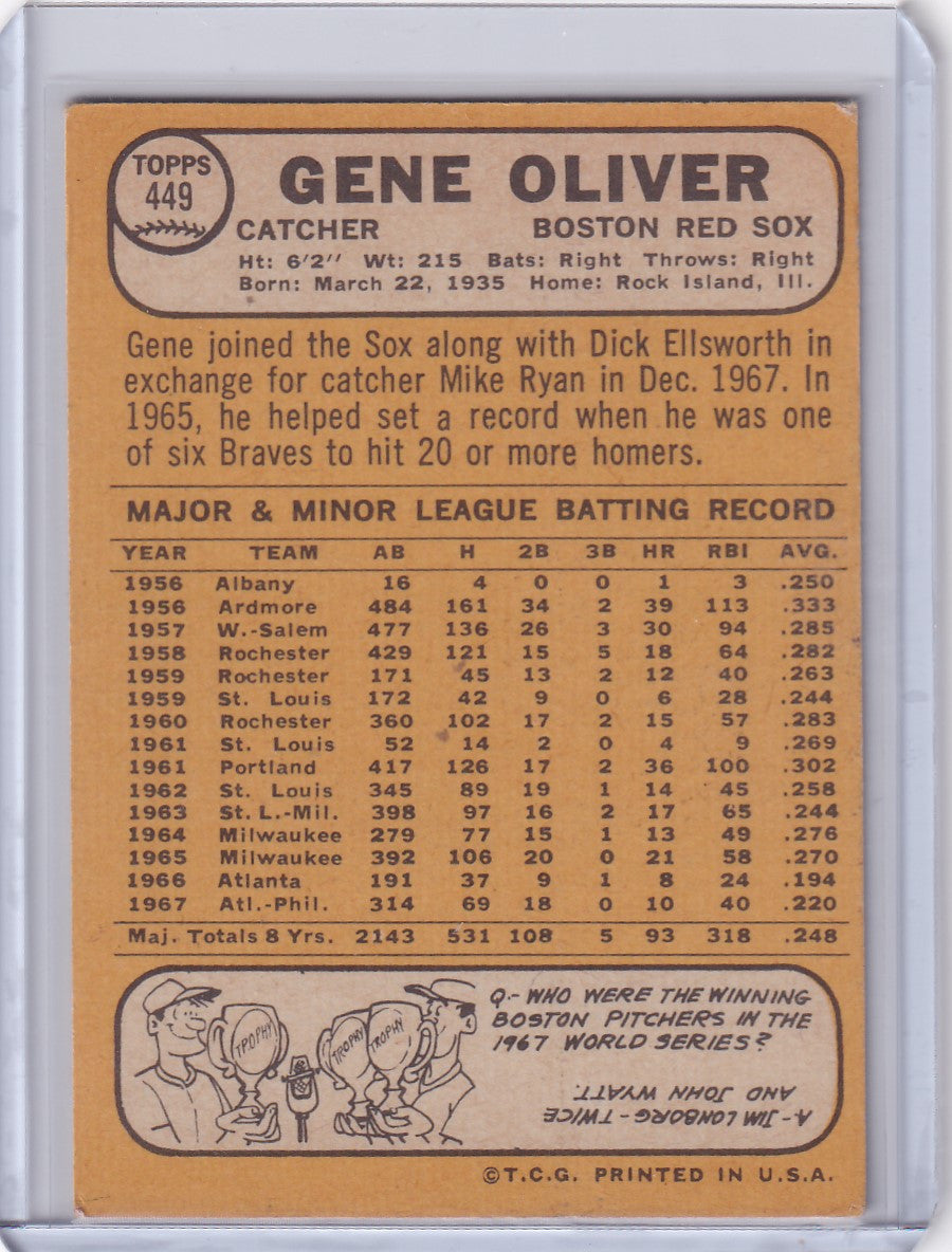 Baseball card of Gene Oliver, Boston Red Sox, 1968 Topps Baseball #449 with stats