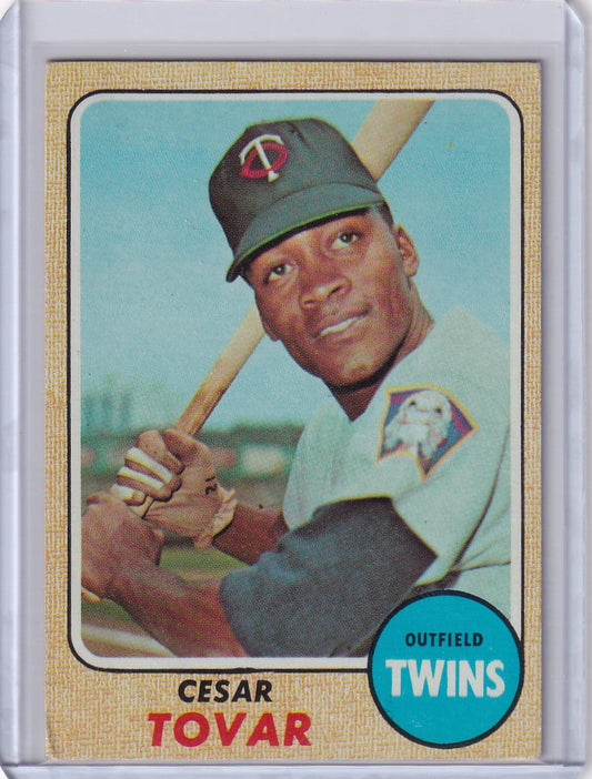 1968 Topps Baseball card of Cesar Tovar, Minnesota Twins outfielder in batting pose