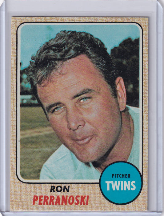 1968 Topps Baseball card of Ron Perranoski, Minnesota Twins pitcher headshot