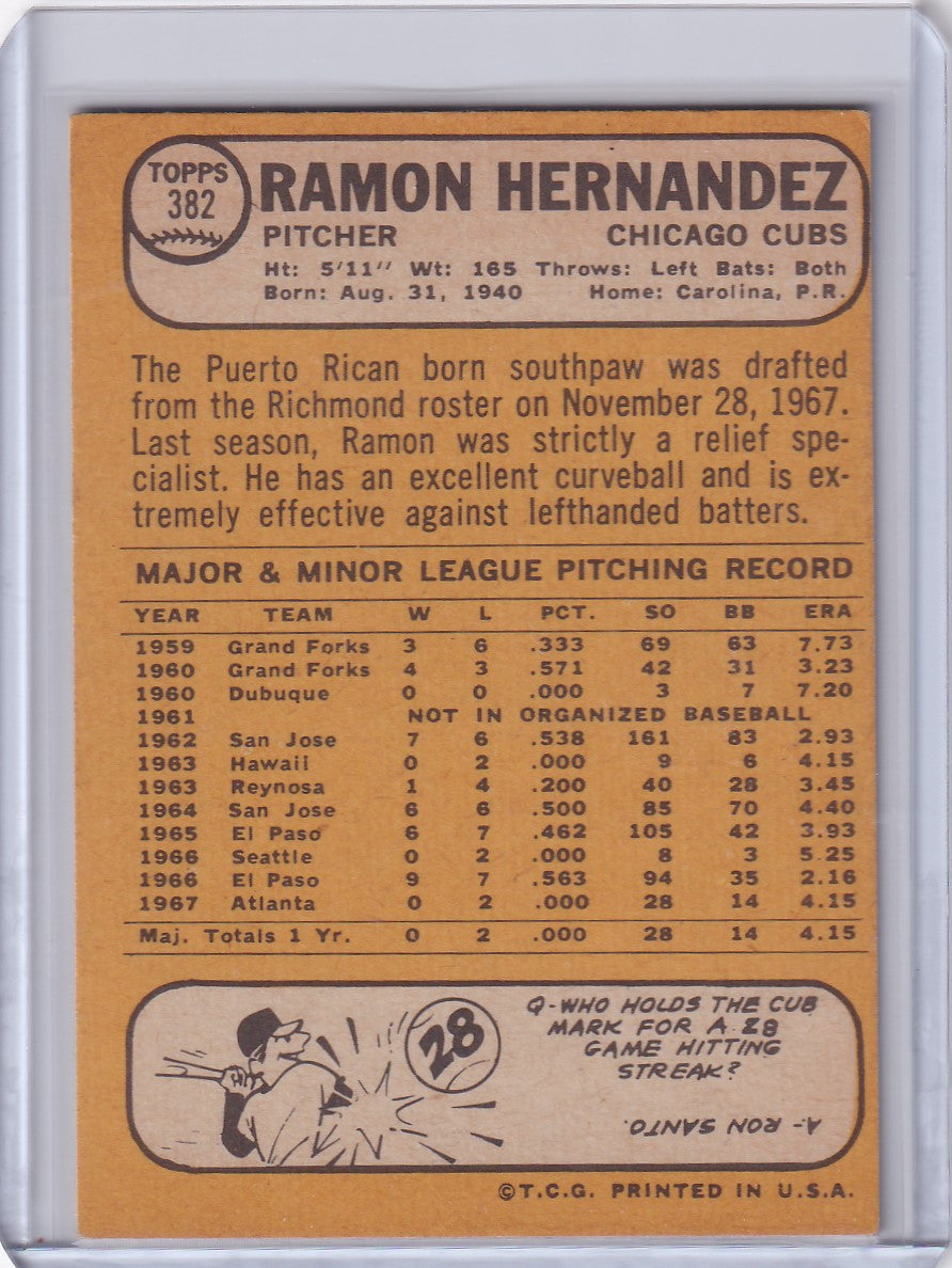 Baseball card of Ramon Hernandez, Chicago Cubs, 1968 Topps Baseball #382 with stats