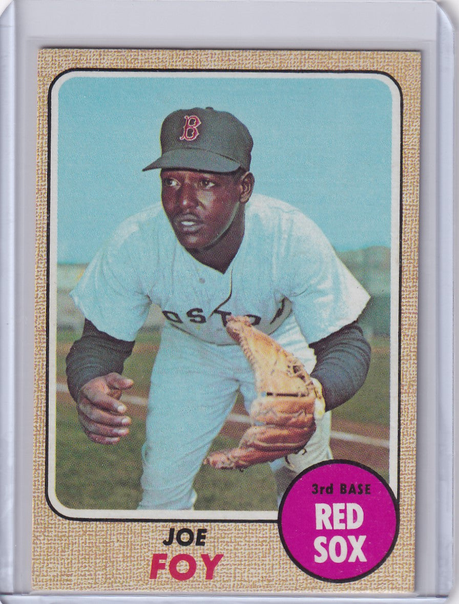 Baseball card of Joe Foy in pitching stance for Boston Red Sox Topps Baseball 1968