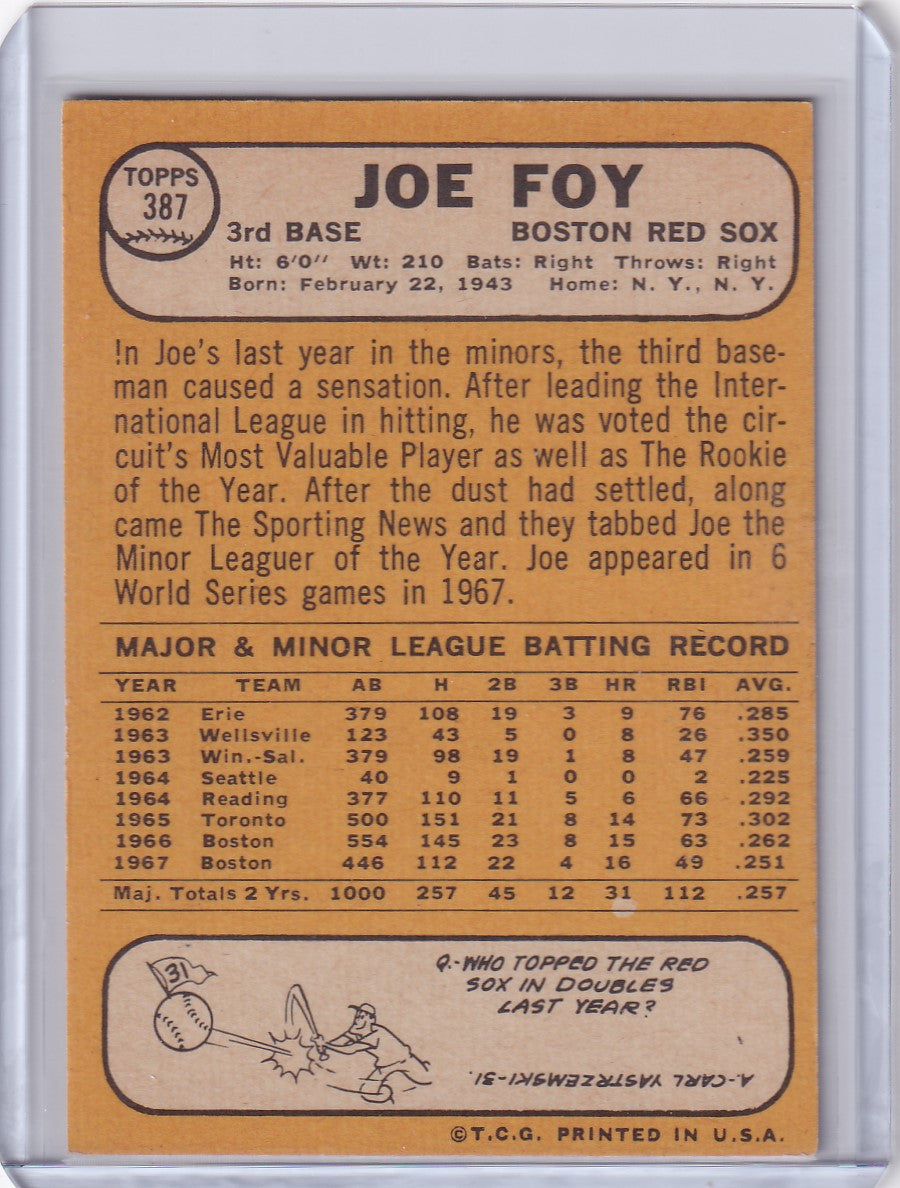 1968 Topps Baseball #387 Joe Foy card showcasing Boston Red Sox statistics and biography