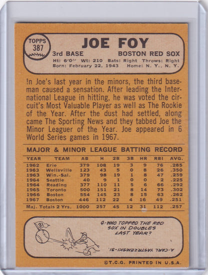 1968 Topps Baseball #387 Joe Foy card showcasing Boston Red Sox statistics and biography