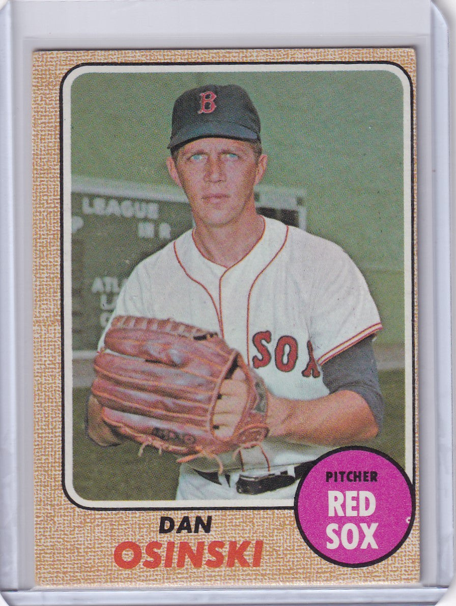 Baseball card of Dan Osinski, Boston Red Sox pitcher in white uniform, Topps Baseball