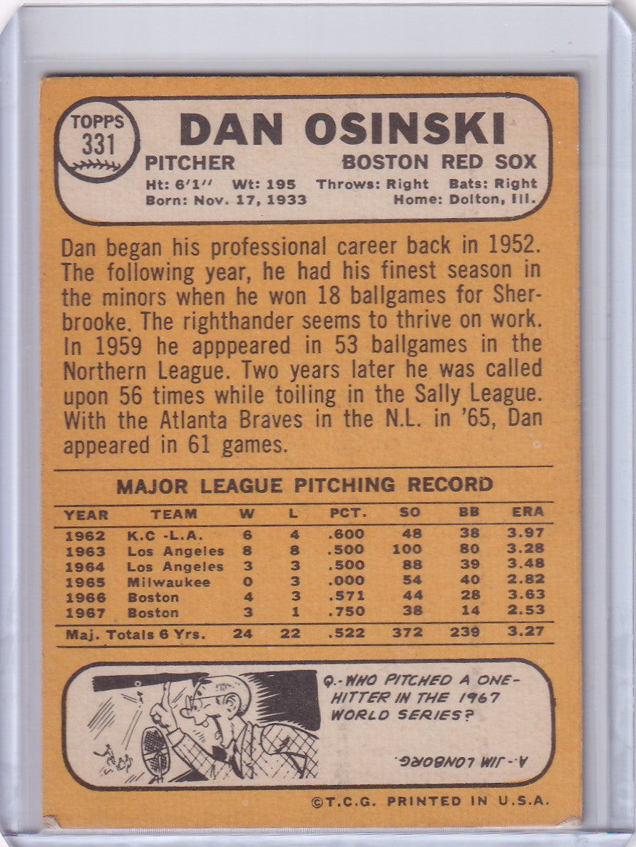 1968 Topps Baseball card of Dan Osinski, Boston Red Sox pitcher