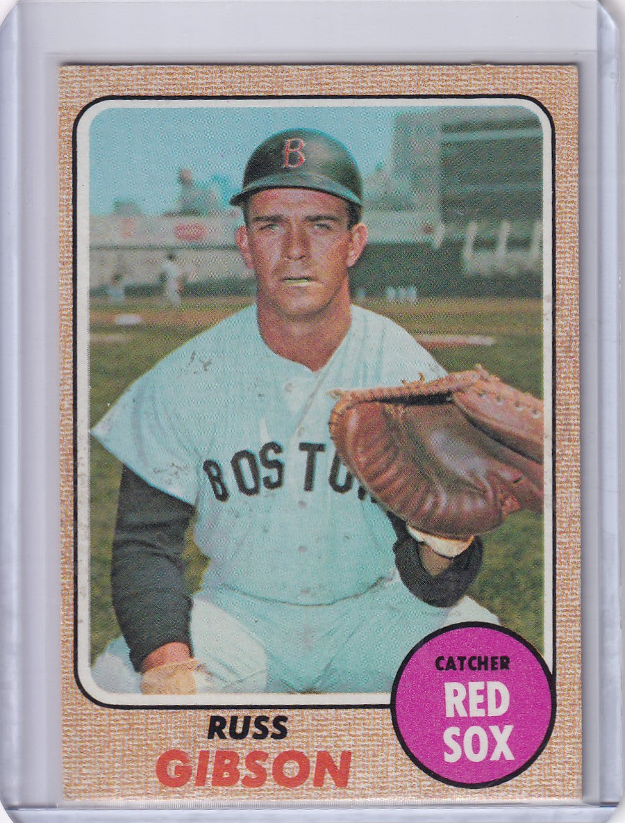 Baseball card of Russ Gibson in light blue uniform, Boston Red Sox, Topps Baseball