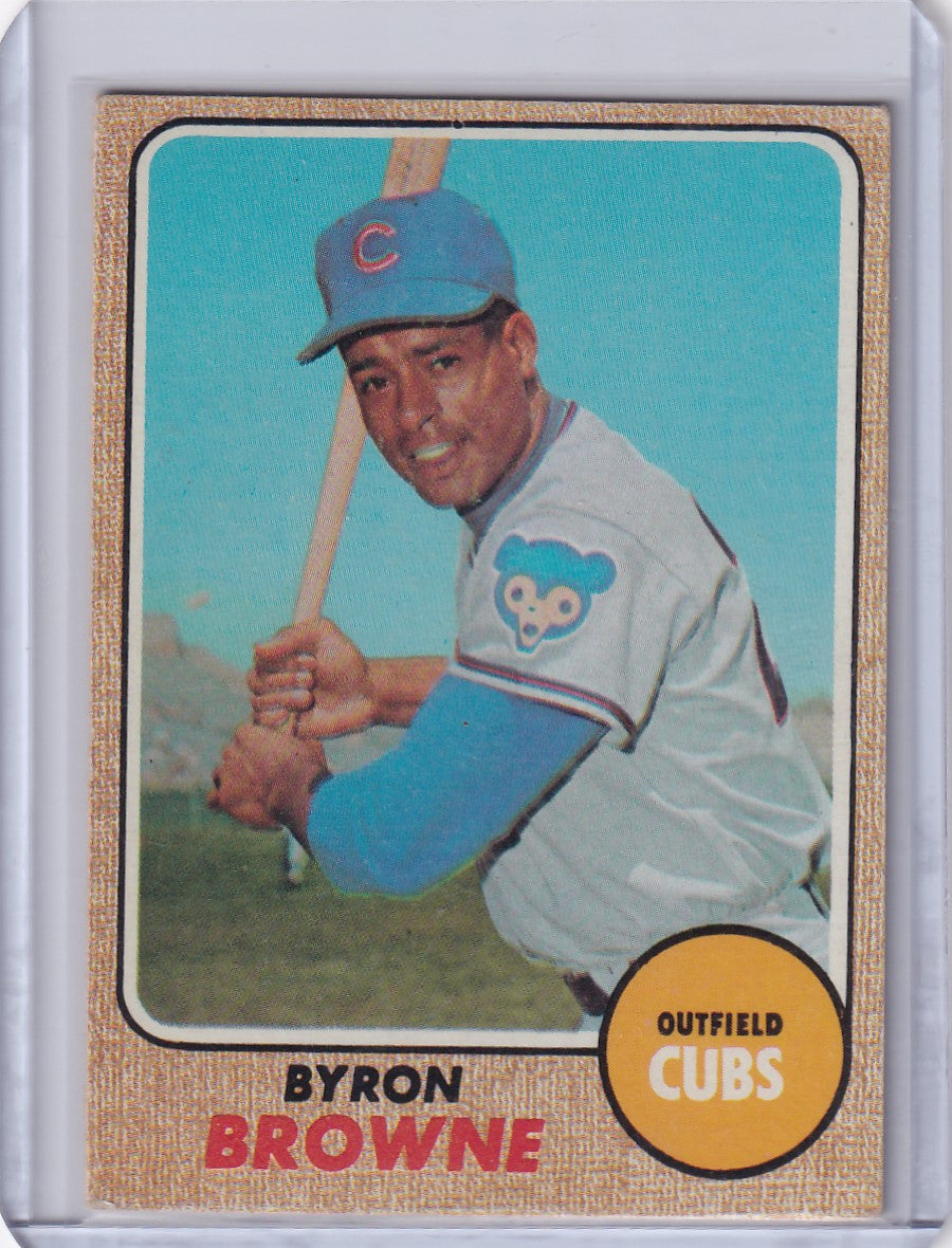 Baseball card of Byron Browne, Chicago Cubs outfielder in batting stance, Topps Baseball