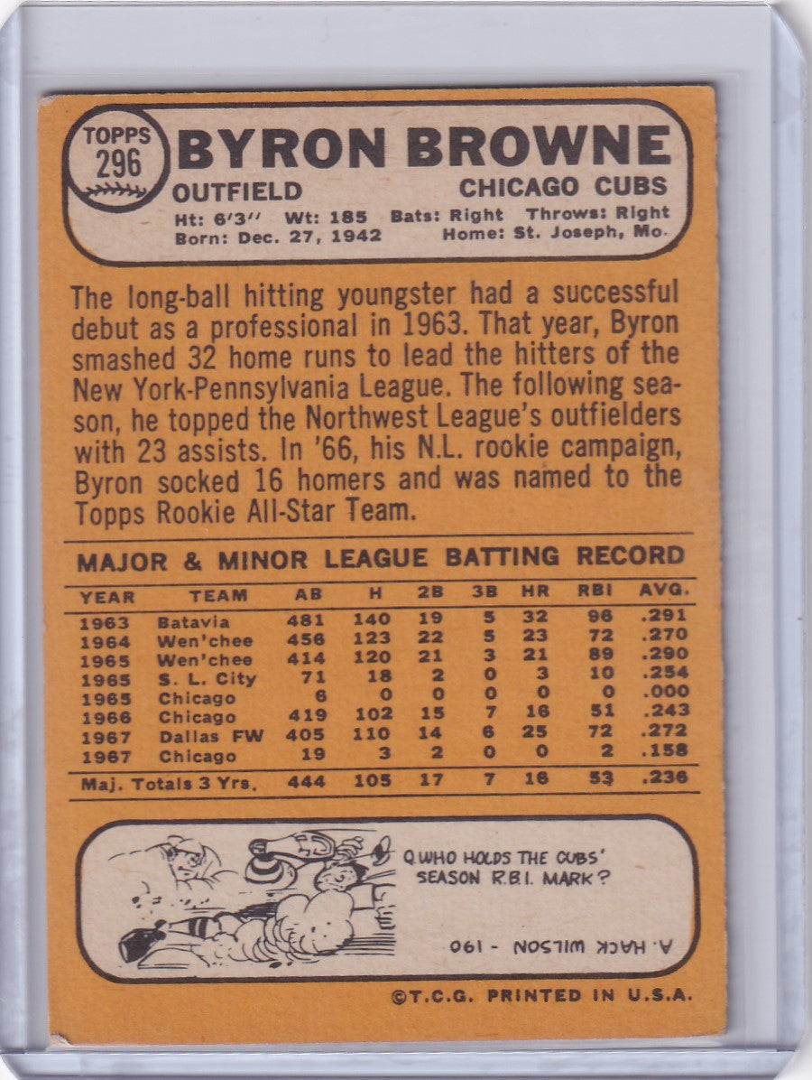 Baseball card of Byron Browne, Chicago Cubs, from 1968 Topps Baseball series