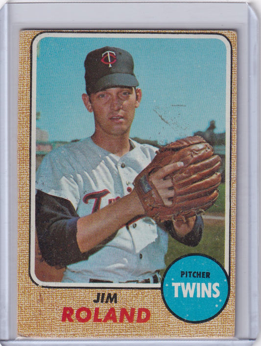 Vintage 1968 Topps Baseball card of Jim Roland, Minnesota Twins pitcher in uniform