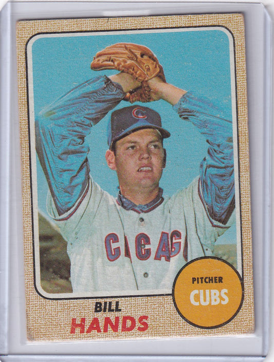 Baseball card of Bill Hands - Chicago Cubs in wind-up pose, showcasing Topps Baseball 1968