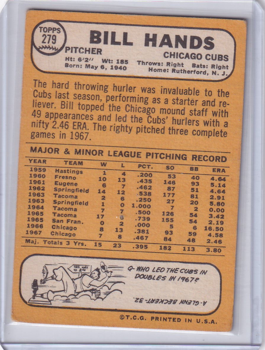 1968 Topps Baseball card of Bill Hands, pitcher for the Chicago Cubs