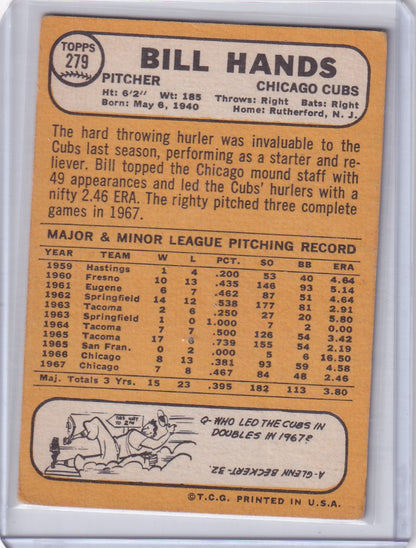 1968 Topps Baseball card of Bill Hands, pitcher for the Chicago Cubs