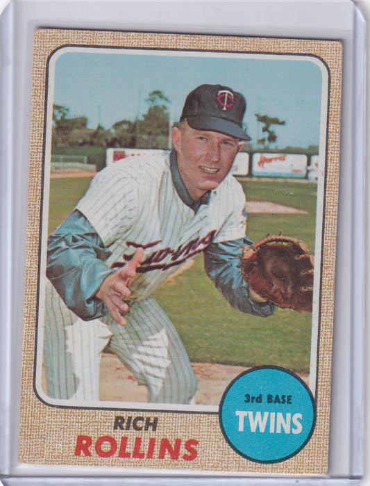 Vintage Topps Baseball card of Rich Rollins in pitching stance for Minnesota Twins