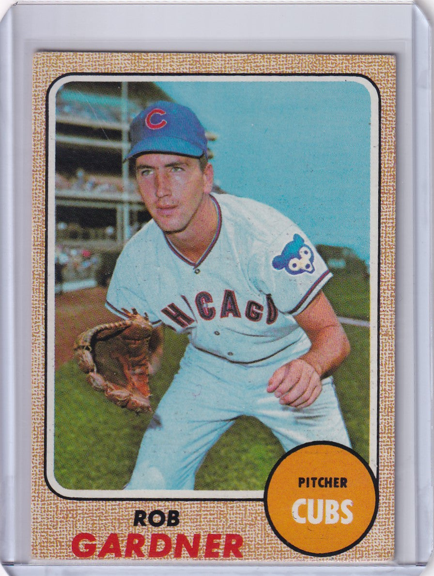 1968 Topps Baseball card of Rob Gardner, Chicago Cubs pitcher in white uniform