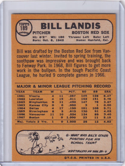 Baseball card of Bill Landis, Boston Red Sox, 1968 Topps Baseball RC with stats