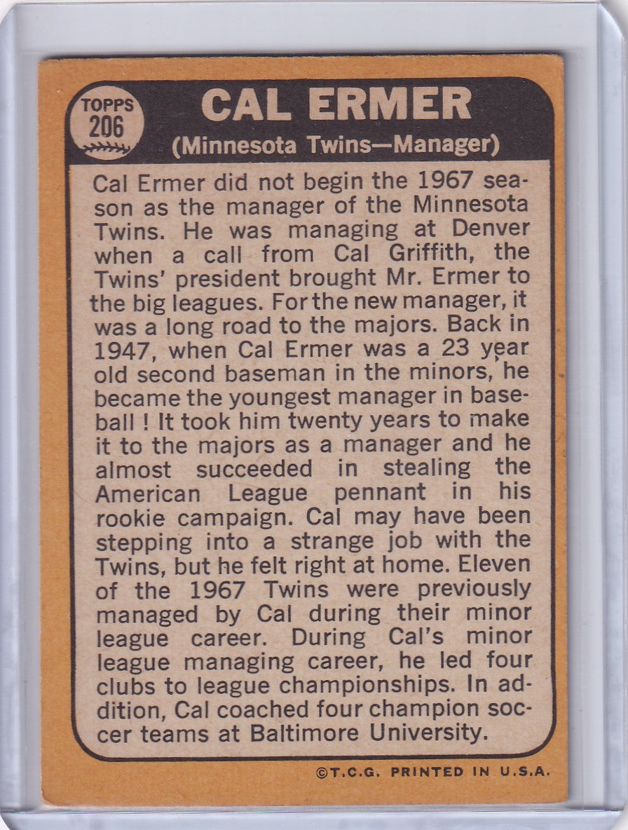 Baseball card of Cal Ermer, Minnesota Twins manager, 1968 Topps Baseball #206