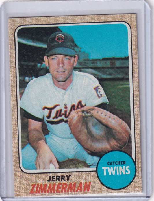 1968 Topps Baseball card of Jerry Zimmerman, Minnesota Twins catcher in uniform