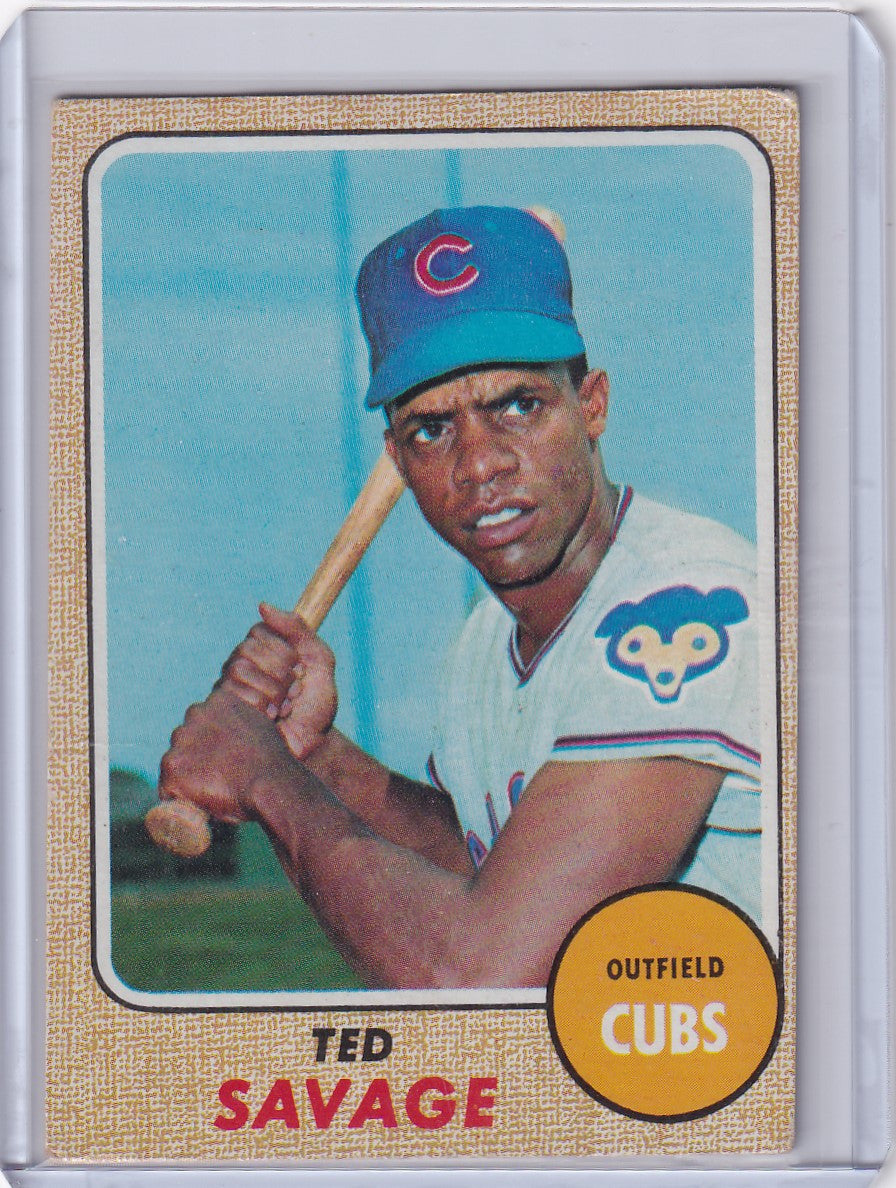 1968 Topps Baseball card of Ted Savage, Chicago Cubs outfielder in batting stance