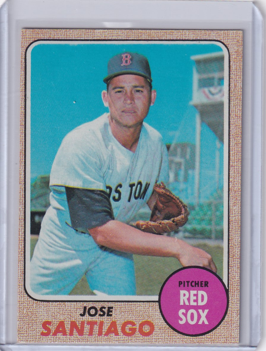 Baseball card of Jose Santiago in Boston Red Sox uniform from 1968 Topps Baseball