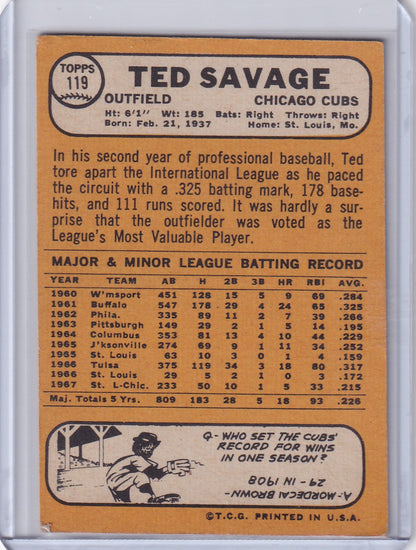 1968 Topps Baseball card of Ted Savage featuring Chicago Cubs stats and biography