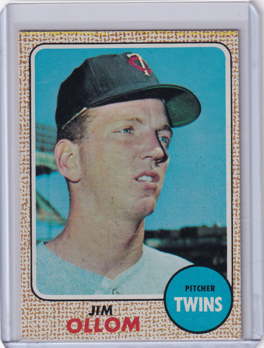 Baseball card of Jim Ollom, Minnesota Twins pitcher, from 1968 Topps Baseball set