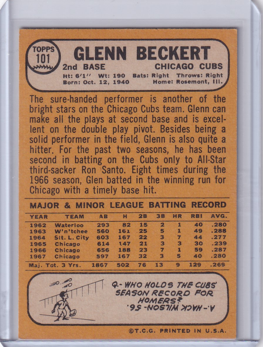 Topps Baseball card of Glenn Beckert, Chicago Cubs, 1968 vintage collectible