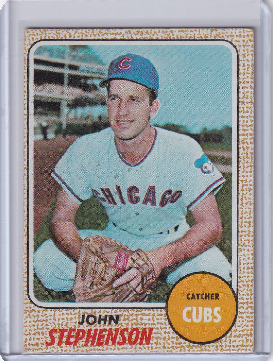 1968 Topps Baseball card of John Stephenson, Chicago Cubs catcher in uniform