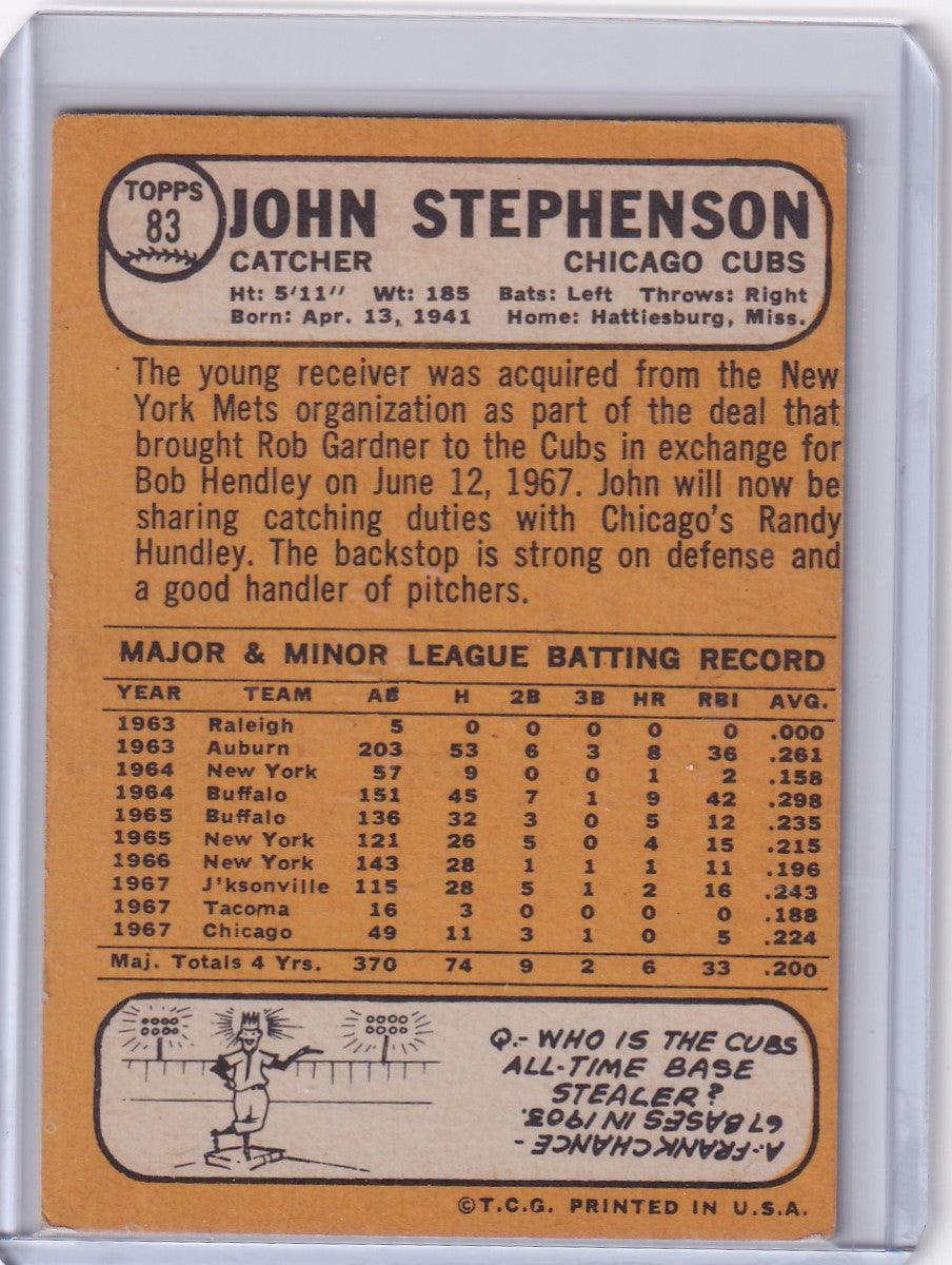 1968 Topps Baseball card of John Stephenson featuring the Chicago Cubs