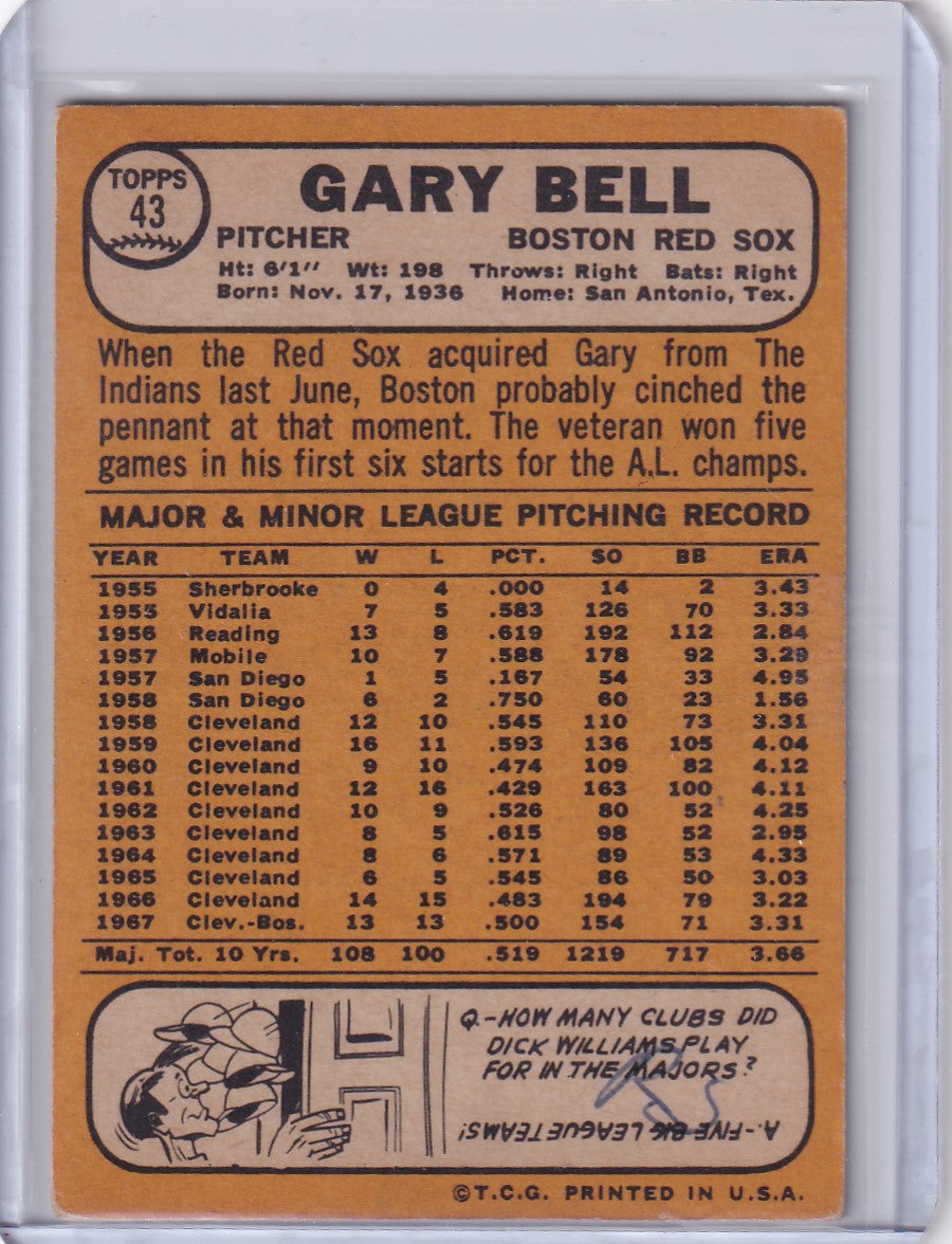 Baseball card of Gary Bell, Boston Red Sox, from 1968 Topps Baseball series