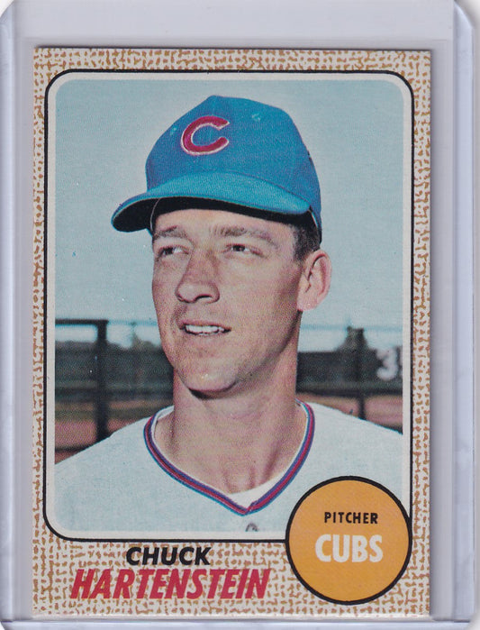 Topps Baseball card of Chuck Hartenstein, Chicago Cubs pitcher in blue cap