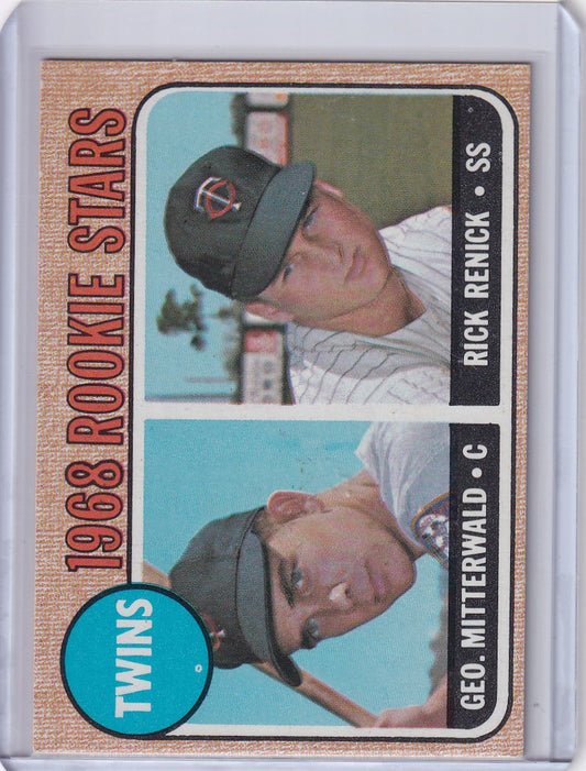 1968 Topps Baseball card showcasing Twins Rookies George Mitterwald and Rick Renick