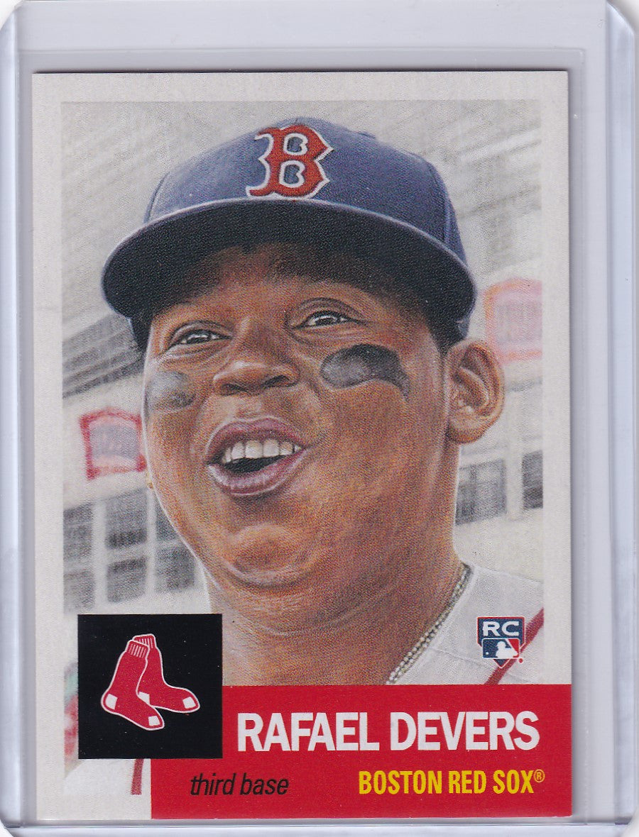 Baseball card of Rafael Devers in Boston Red Sox cap from Topps Baseball Living Set